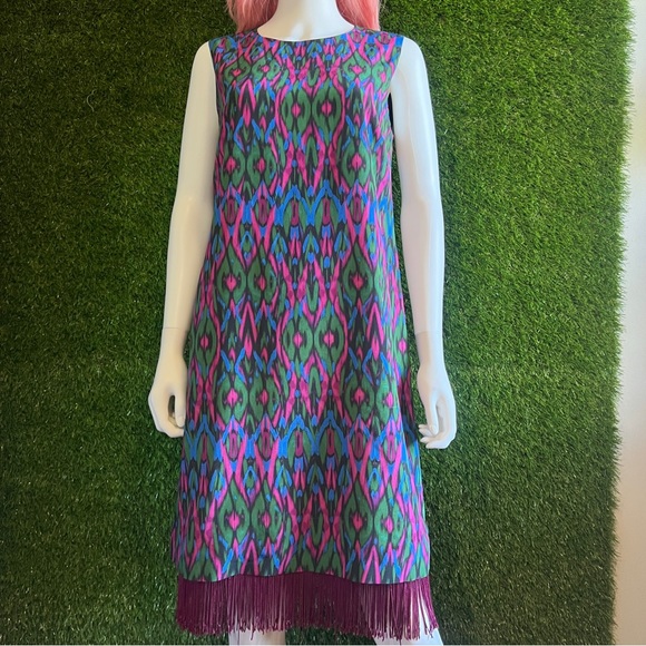 Missoni Dresses & Skirts - Vintage Missoni Silk Shift Dress Pink Green Blue Fringe Hem